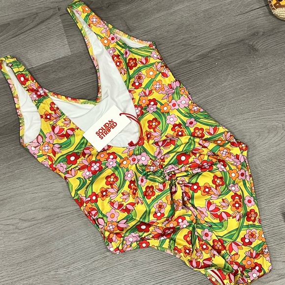 Solid and Striped Ruched Floral One Piece - Picture 3 of 6